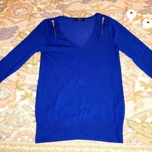 VTG Morgan de Toi Royal Blue Knit Sweater Top Women's XS Gold Shoulder Zips Y2K